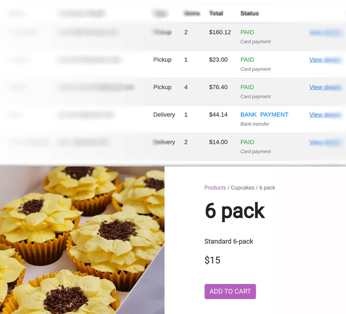 screenshots of online store selling cupcakes