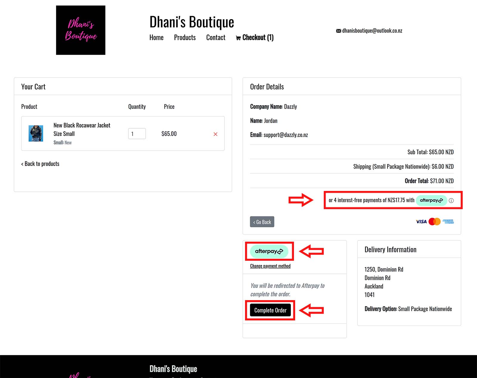 Choosing Afterpay at the checkout