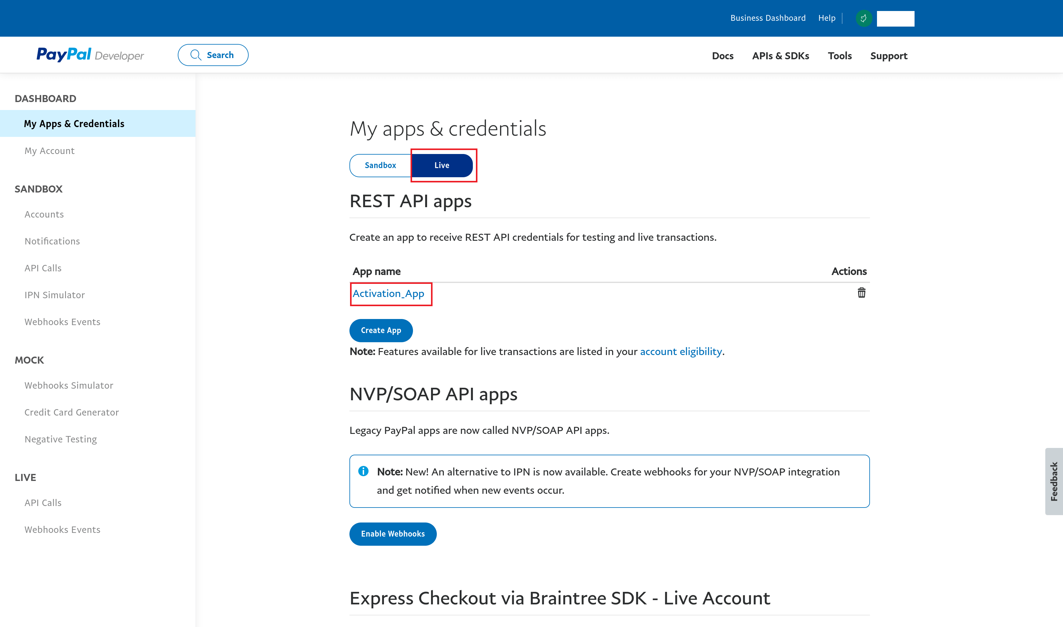 paypal app and creds live mode