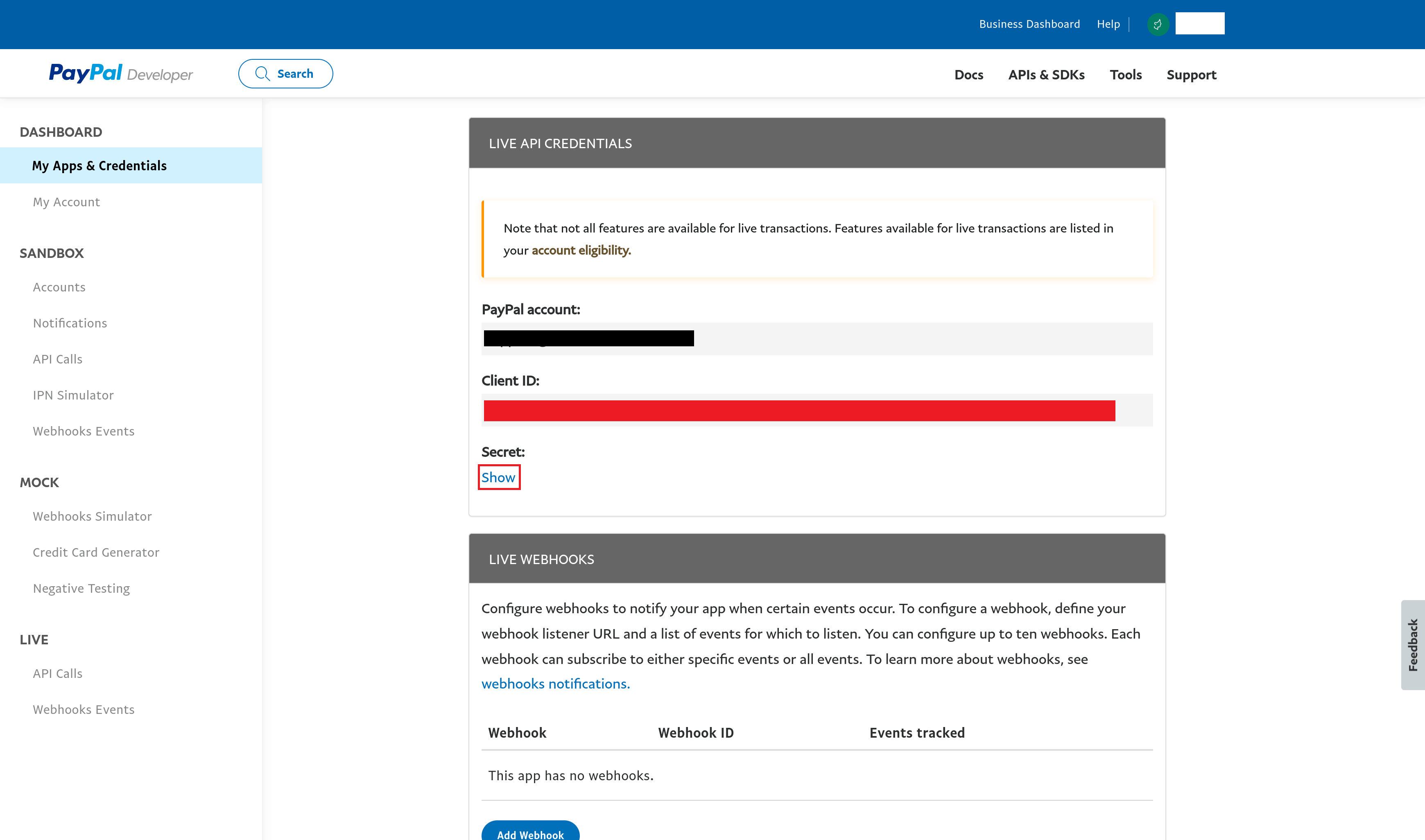 paypal live api credentials section