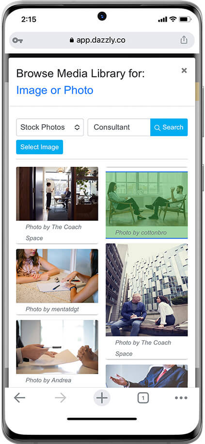 screenshot showing using the stock image library search function