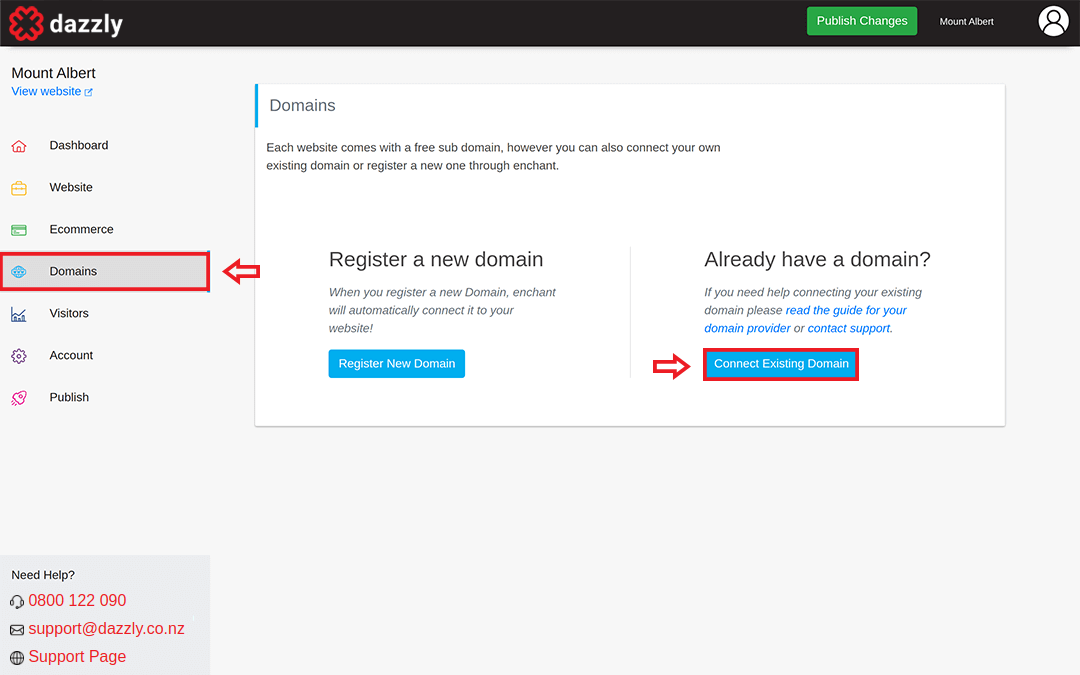 screenshot showing the dazzly domains page