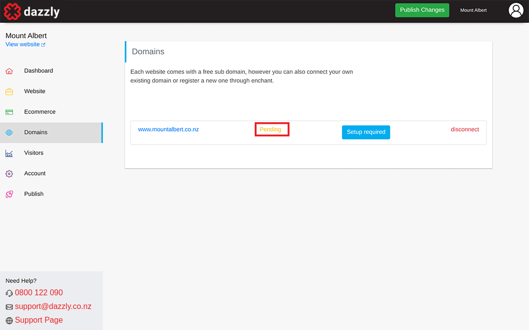 screenshot showing connected domain pending