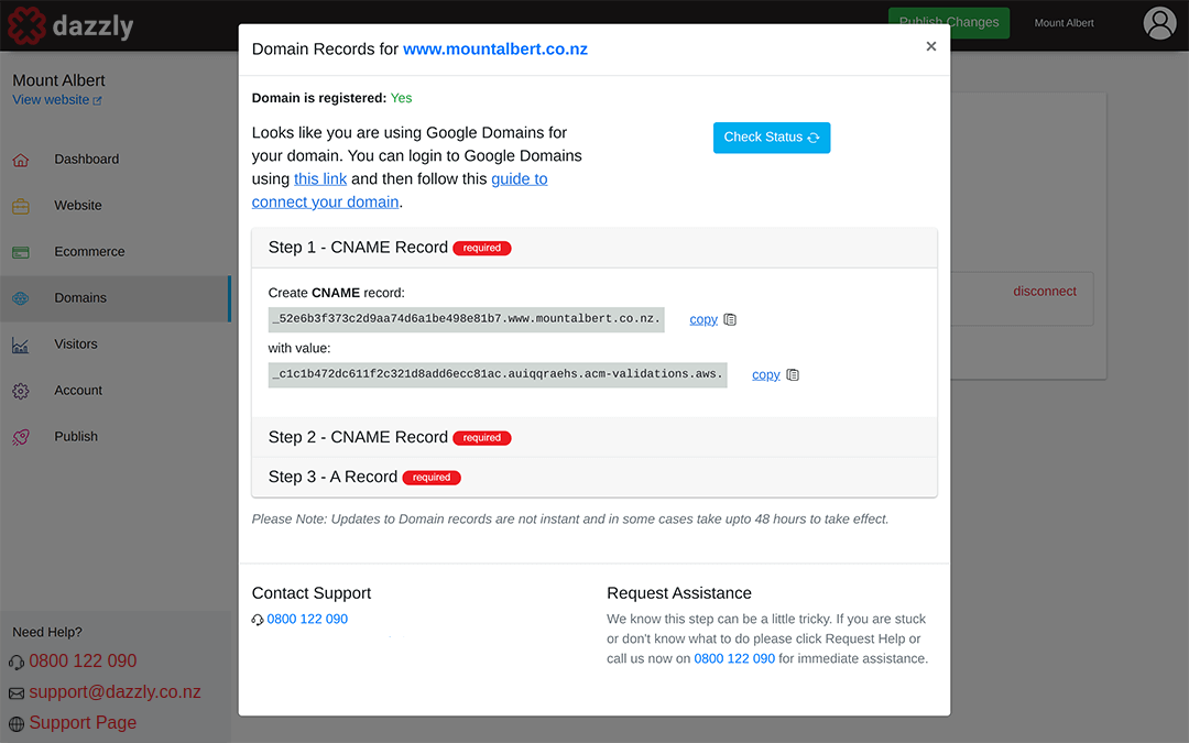 screenshot showing 3 steps to connect your existing google domain