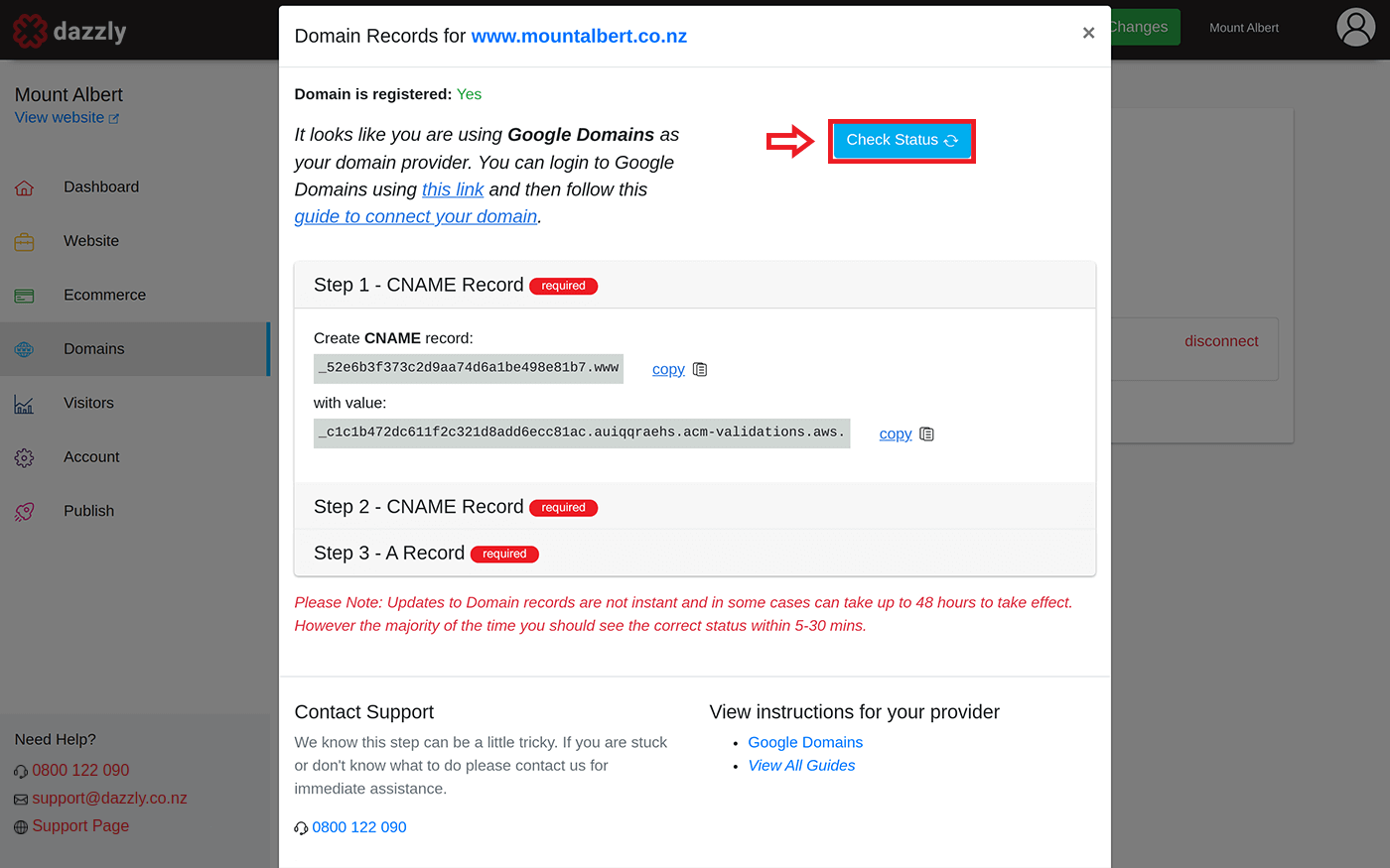 screenshot showing the 'check status' button