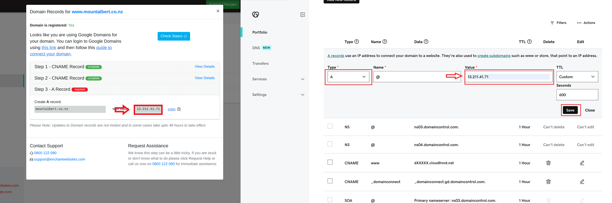 screenshot showing copying the IP address into godaddy