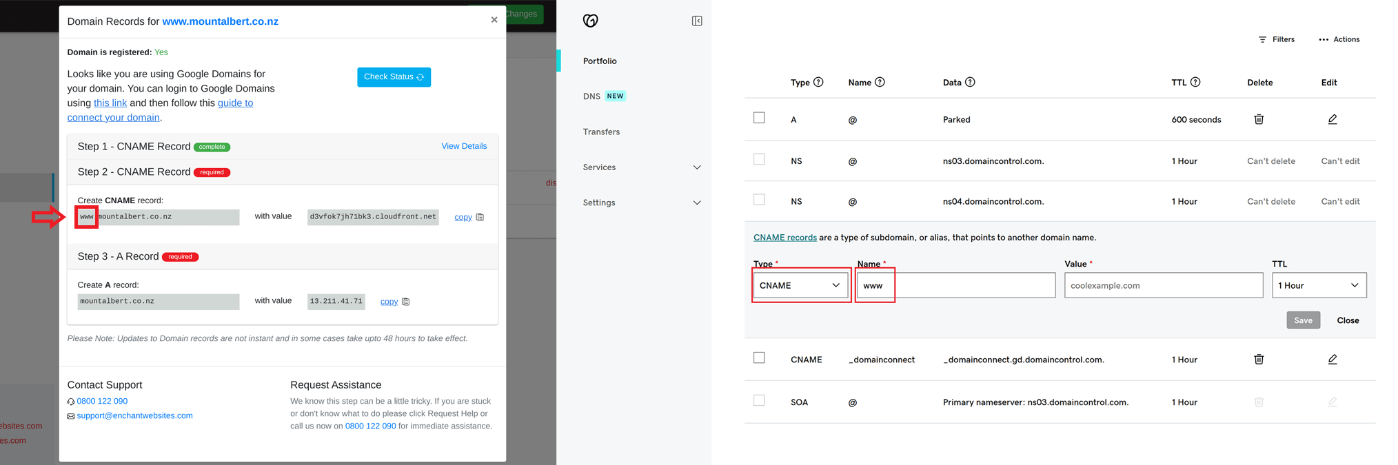 screenshots showing the www within godaddy