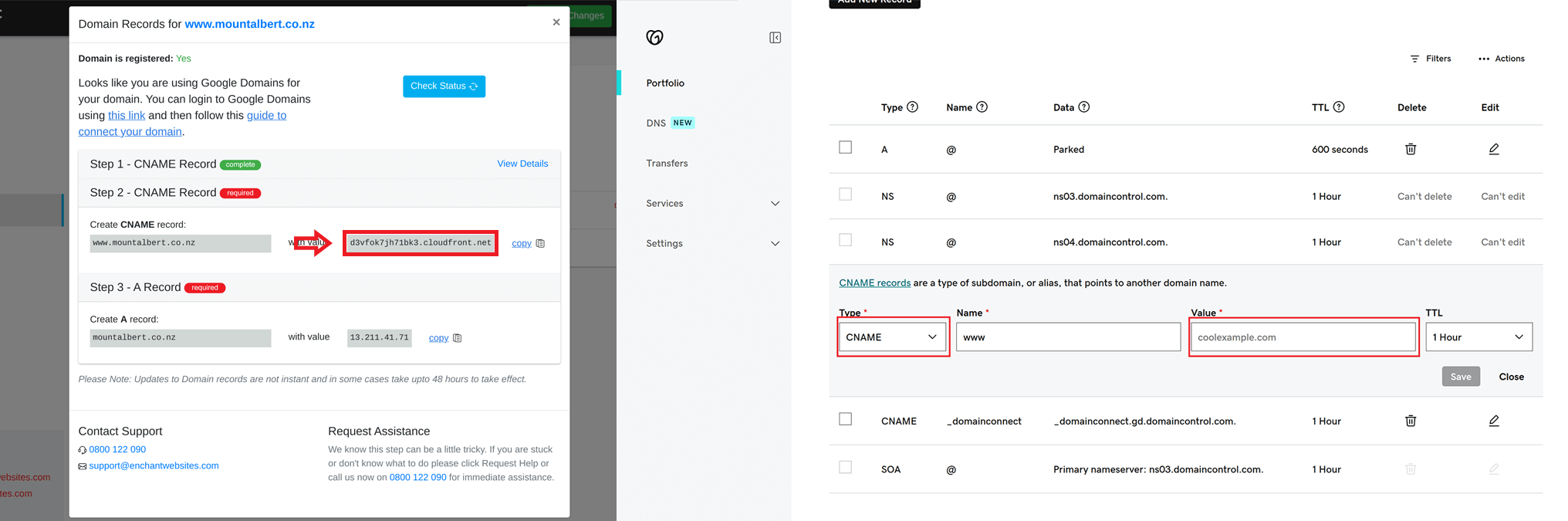 screenshots showing entering the CNAME Value into godaddy
