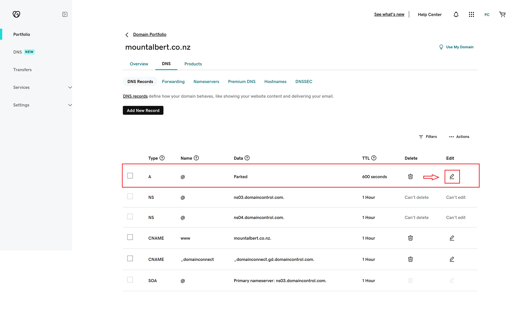 screenshot showing the 'edit' button for an existing A record