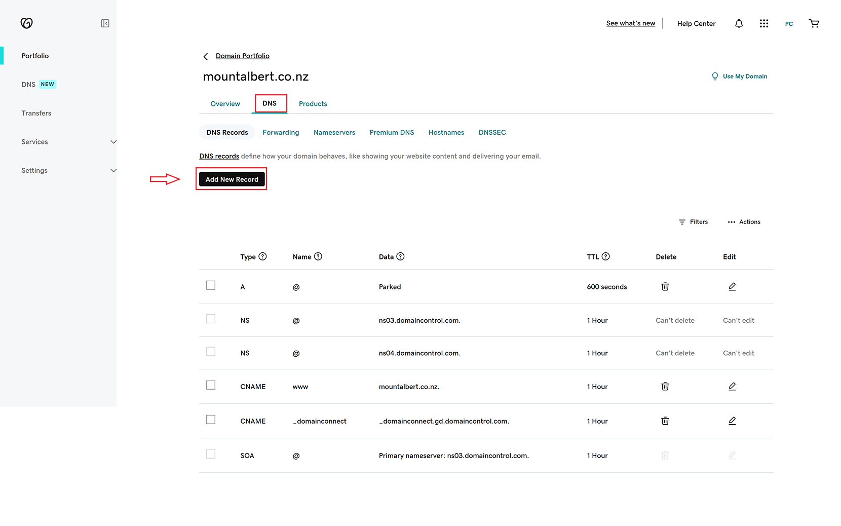 screenshot showing add new record in godaddy