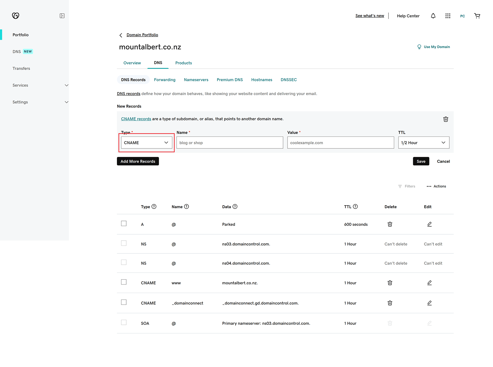 screenshot showing CNAME selected within godaddy