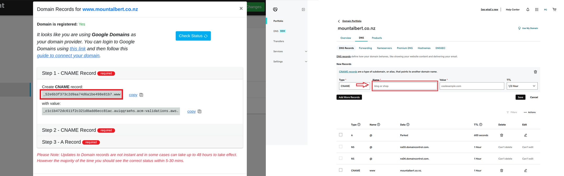 screenshots showing copying the first part of the CNAME record to godaddy