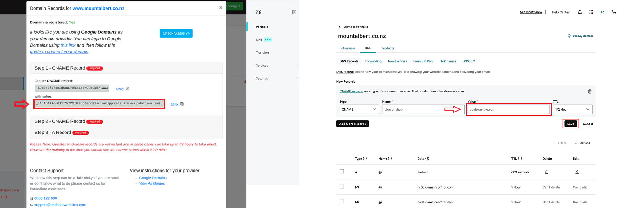 screenshots showing copying the second part of the CNAME record to godaddy