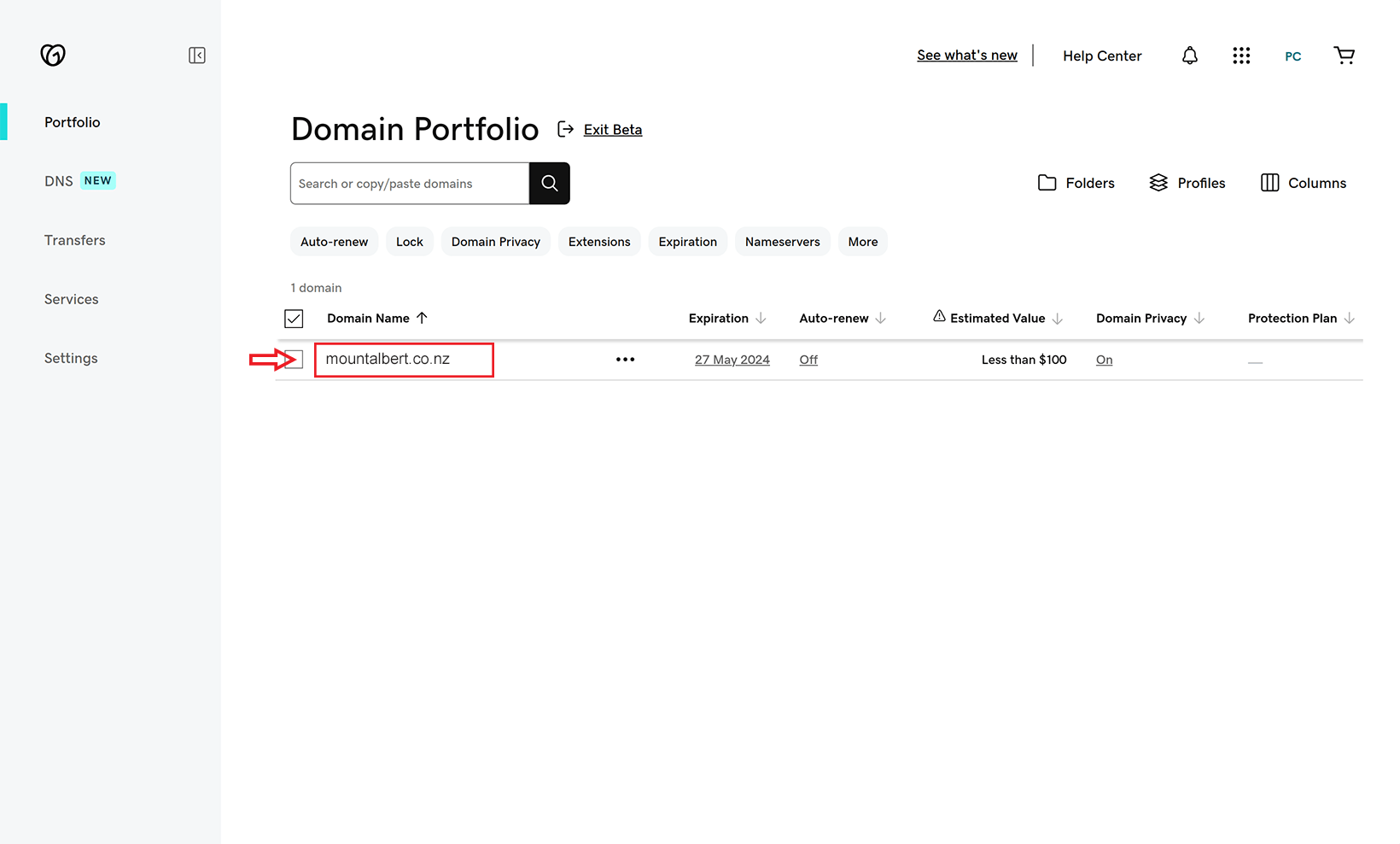 screenshot of godaddy domains page