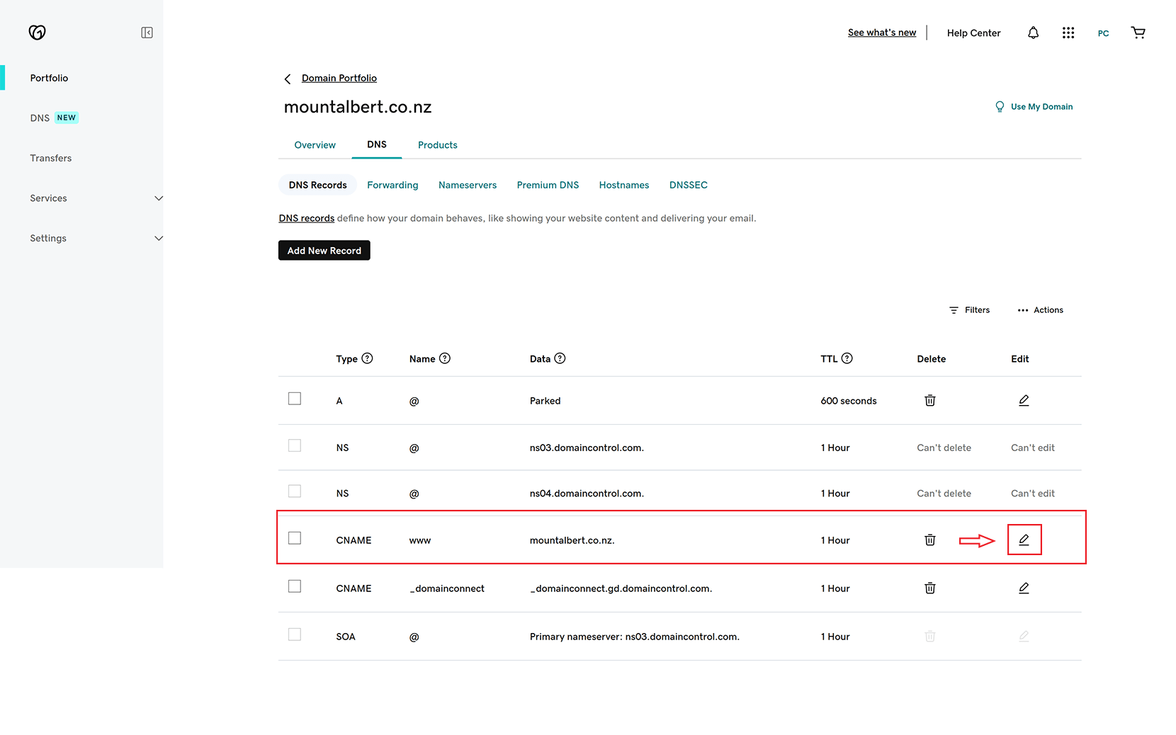 screenshot showing the 'edit' button for existing CNAME within godaddy