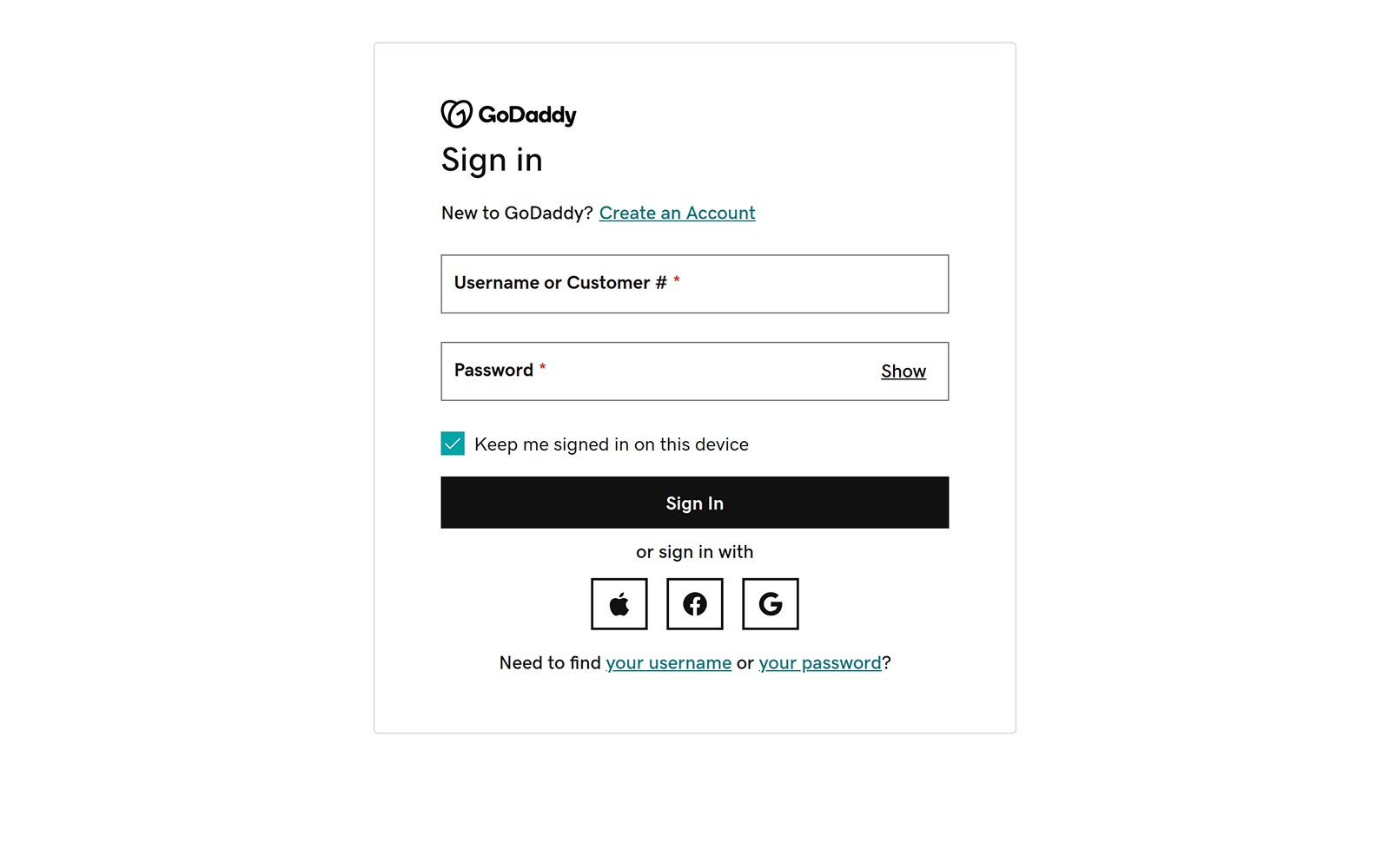 screenshot of the godaddy signin page