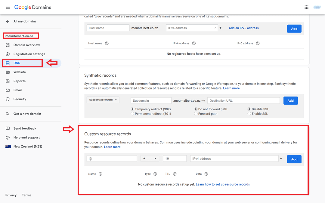 screenshot showing custom resource records section in google domains
