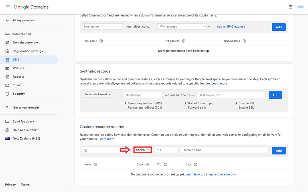screenshot showing CNAME selected within google domains