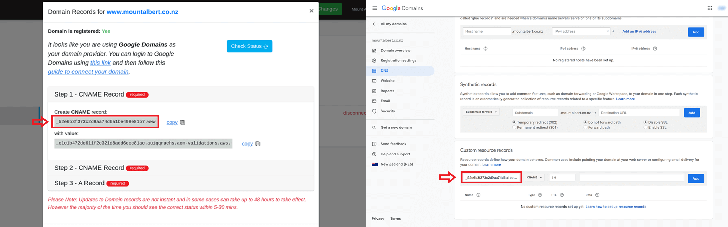 screenshots showing copying the first part of the CNAME record to google domains