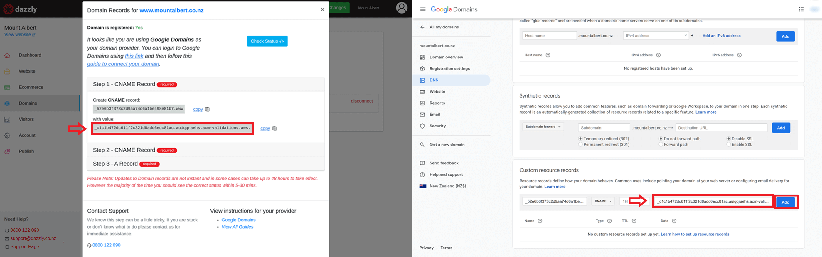 screenshots showing copying the second part of the CNAME record to google domains
