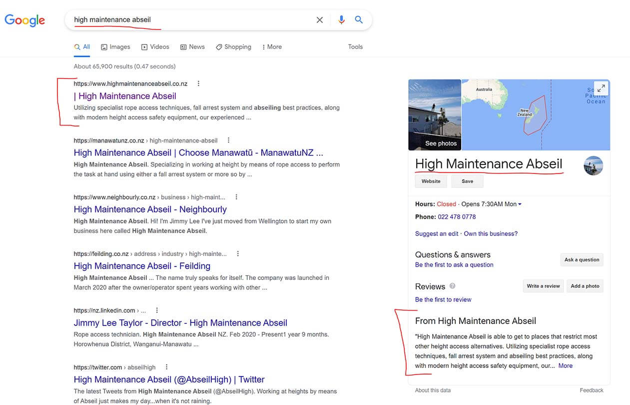 screenshot of a google business listing showing in search results