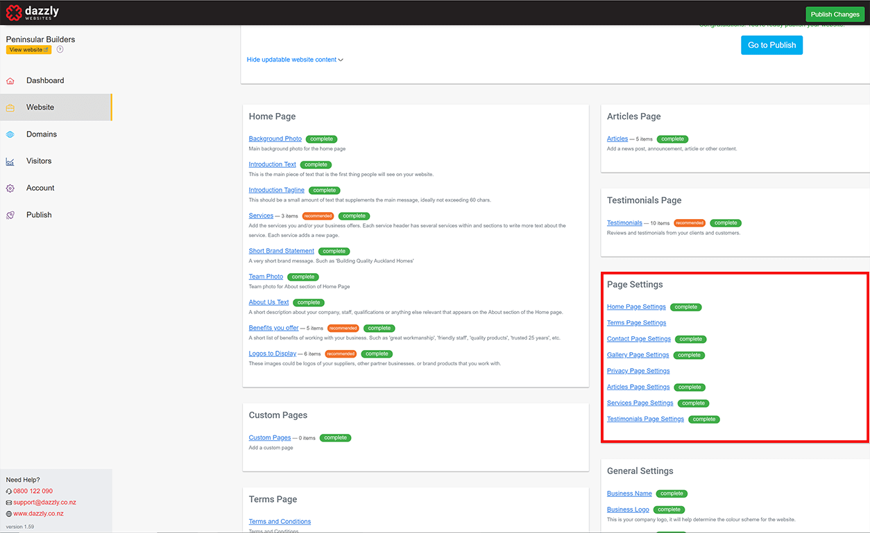 screenshot of the dazzly interface highlighting the Page Settings section
