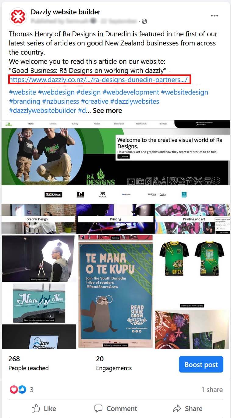 an example facebook post by dazzly