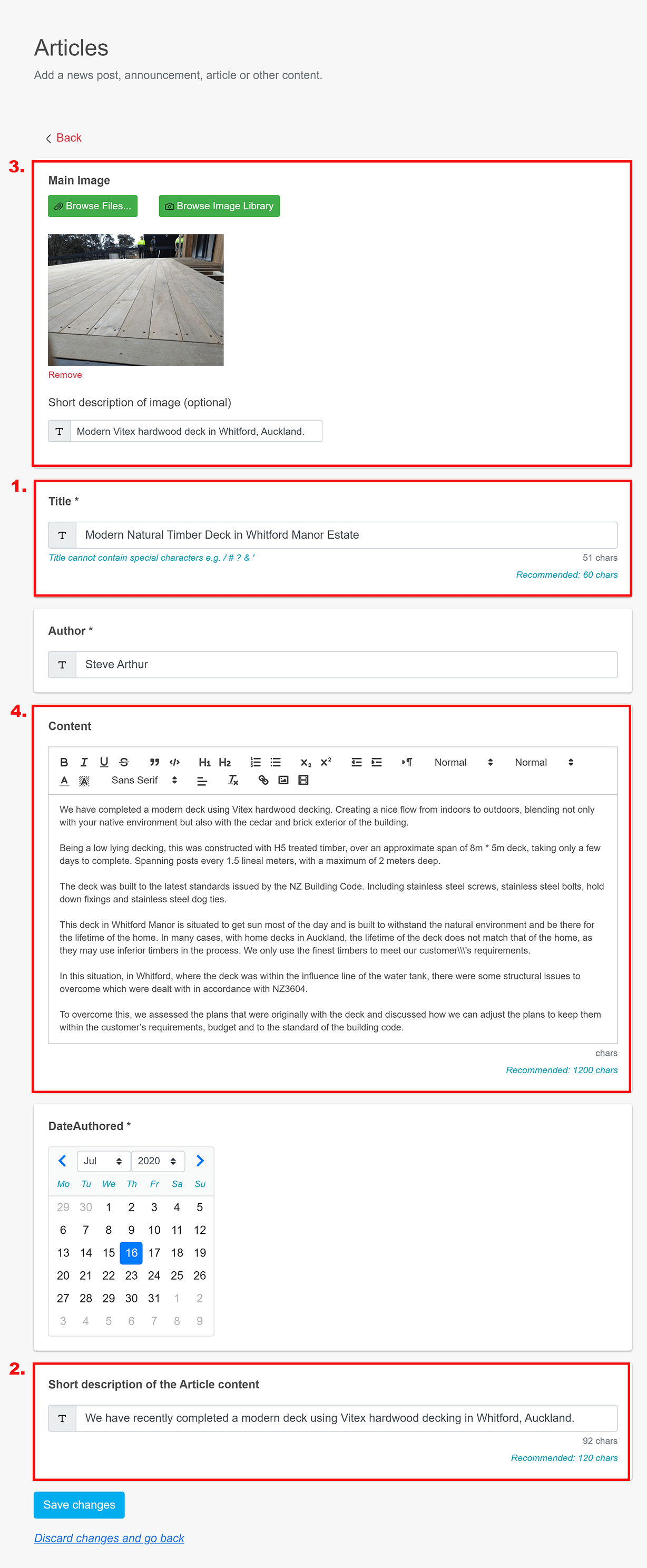 screenshot of the articles interface in dazzly