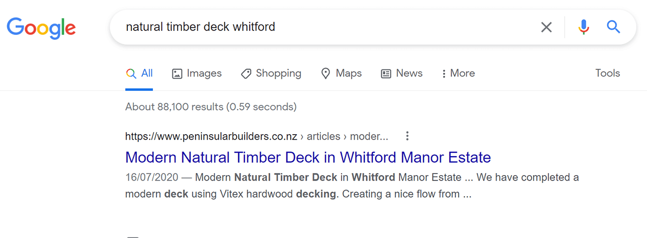screenshot of a google results page for keyword natural timber deck whitford