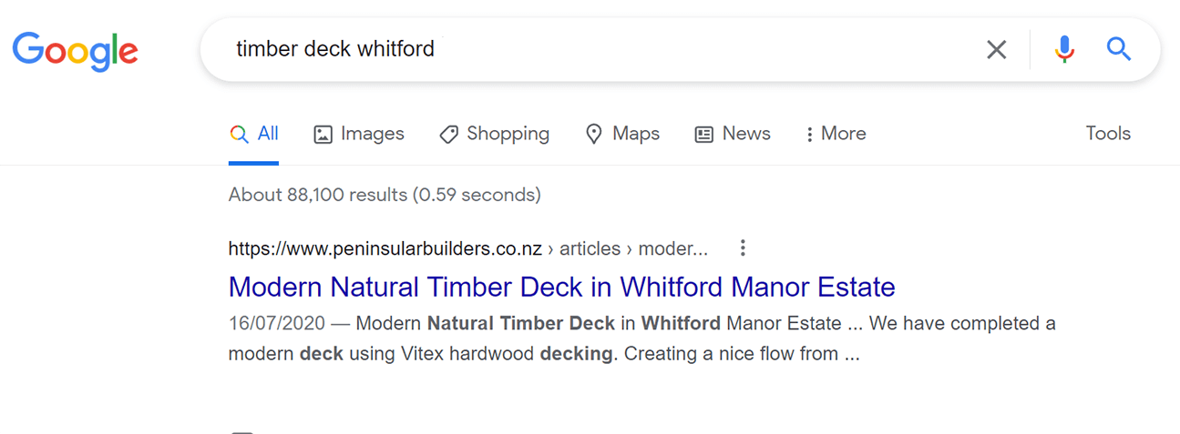 screenshot of a google results page for keyword timber deck whitford
