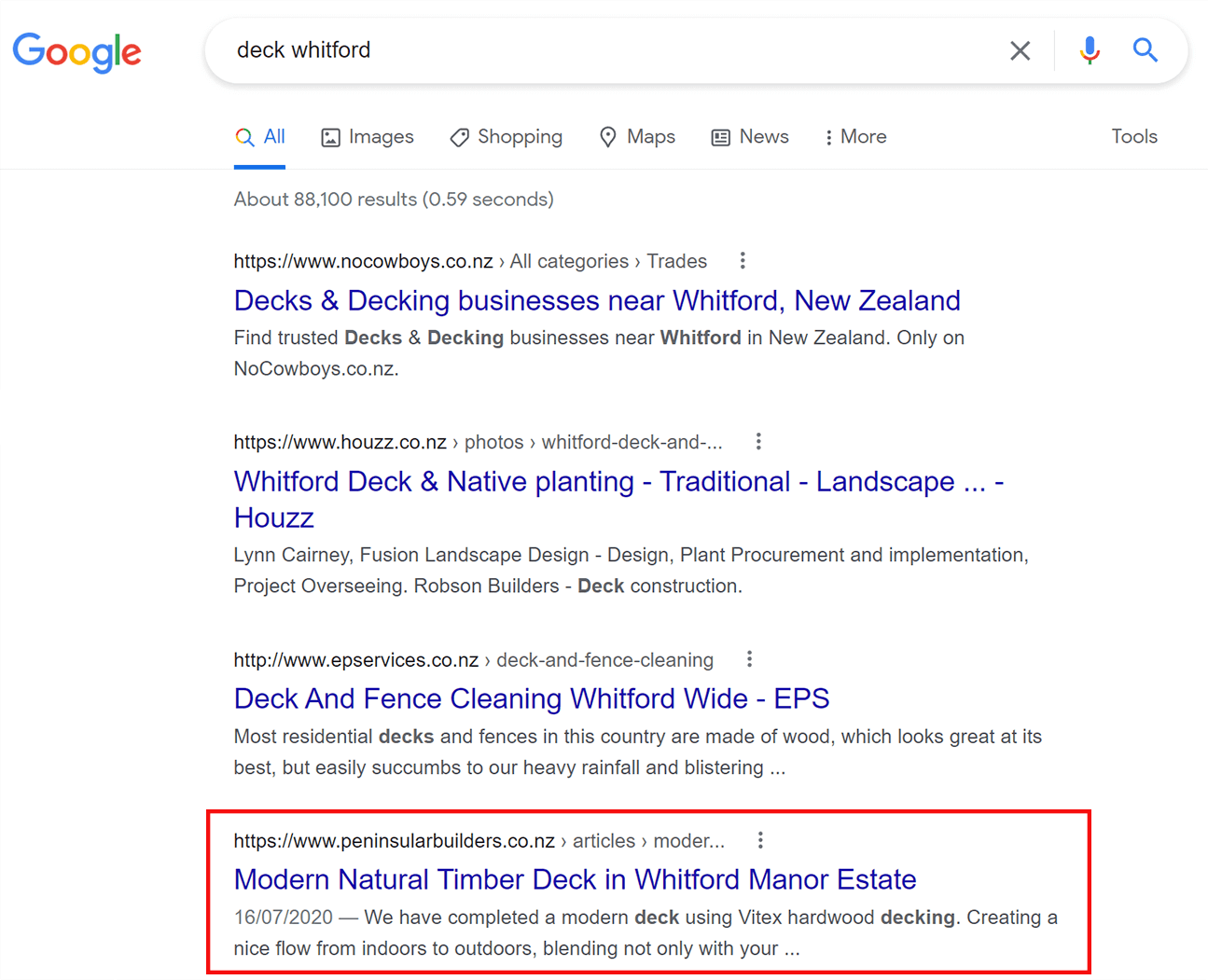 screenshot of a google results page for keyword decks whitford