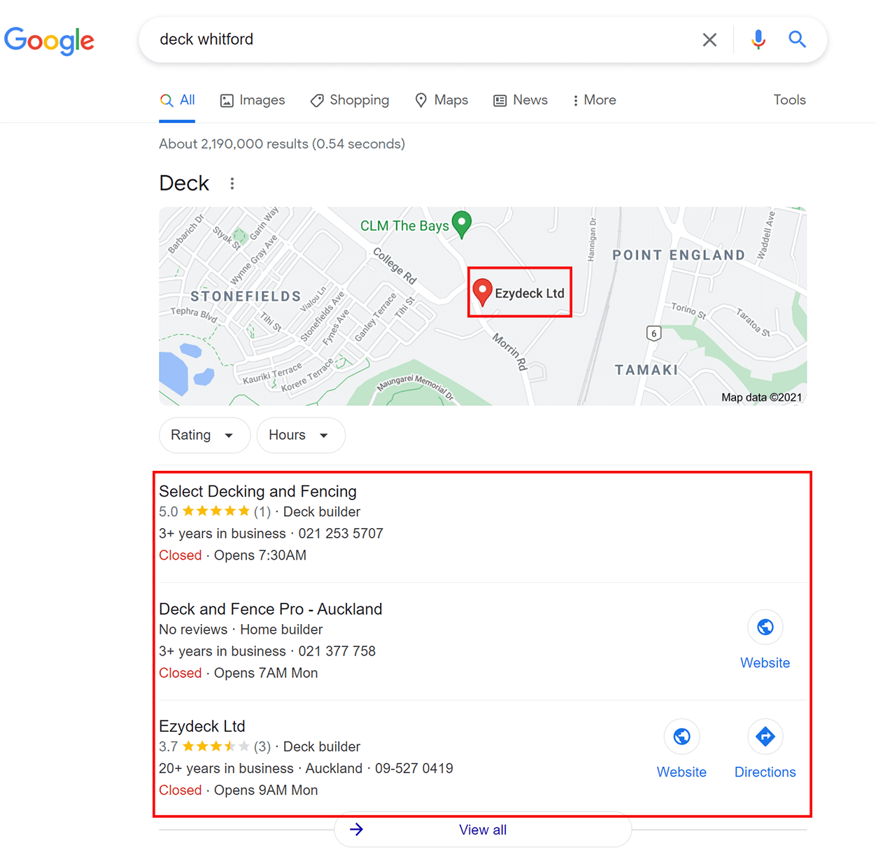 screenshot of a google results page showing the local maps feature