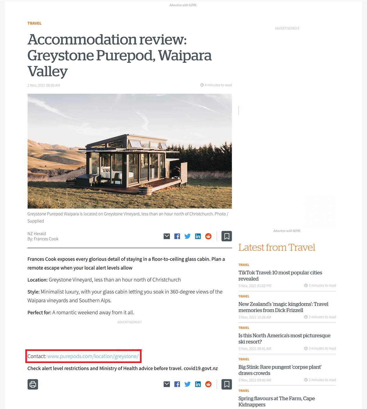 screenshot of an nz herald article highlighting a backlink