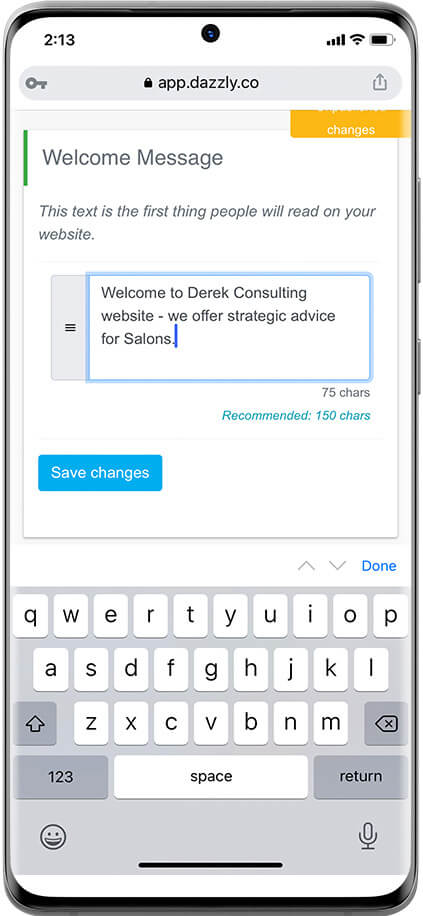 dazzly website welcome message on mobile screen