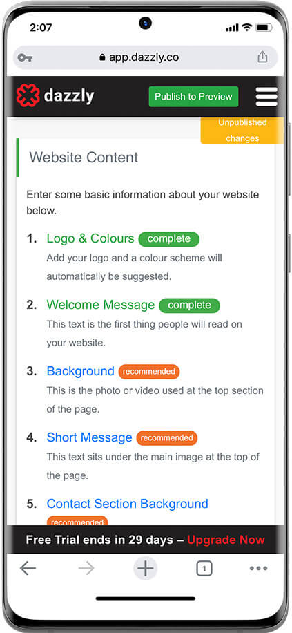 dazzly website welcome message completed