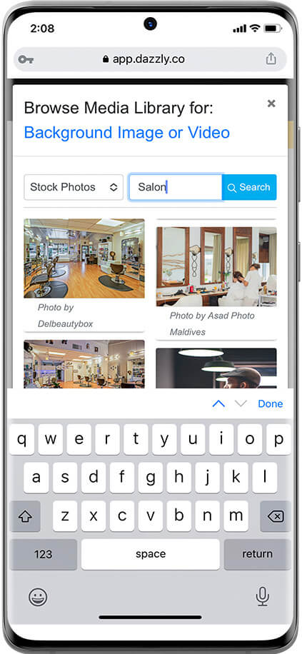 dazzly mobile interface showing searching for stock photos