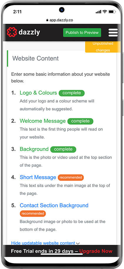 dazzly website content showing background is completed