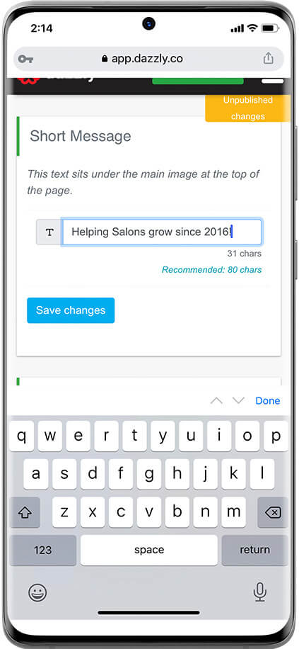 shows the process of entering a short message for your website