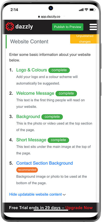 dazzly website content showing short message is completed