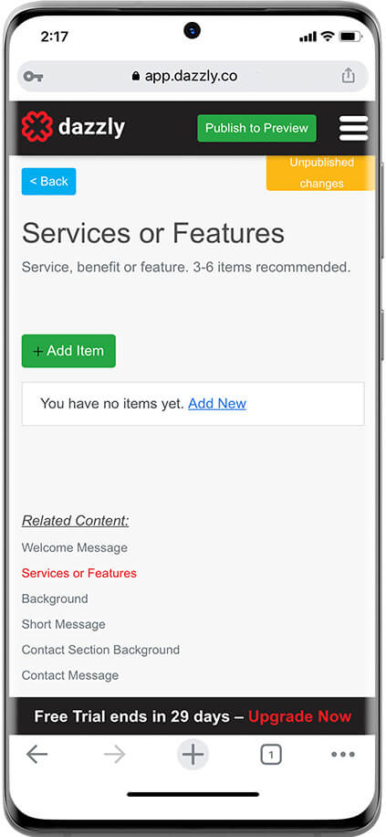 screenshot showing adding services to website
