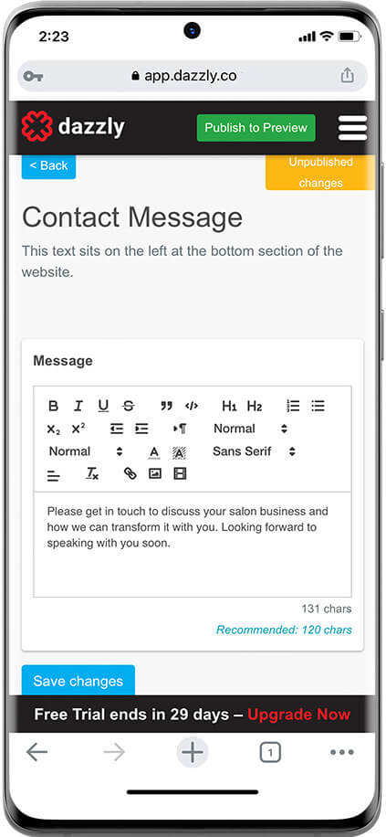 screenshot showing entering a contact page message