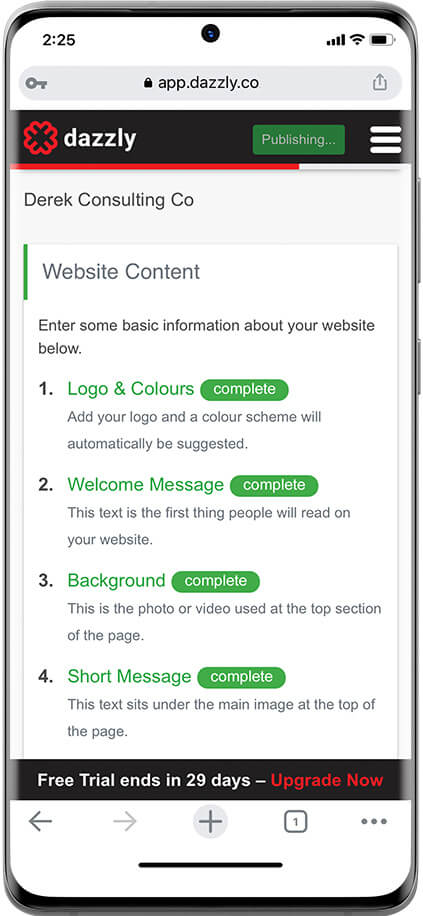 dazzly website content menu showing complete and publishing