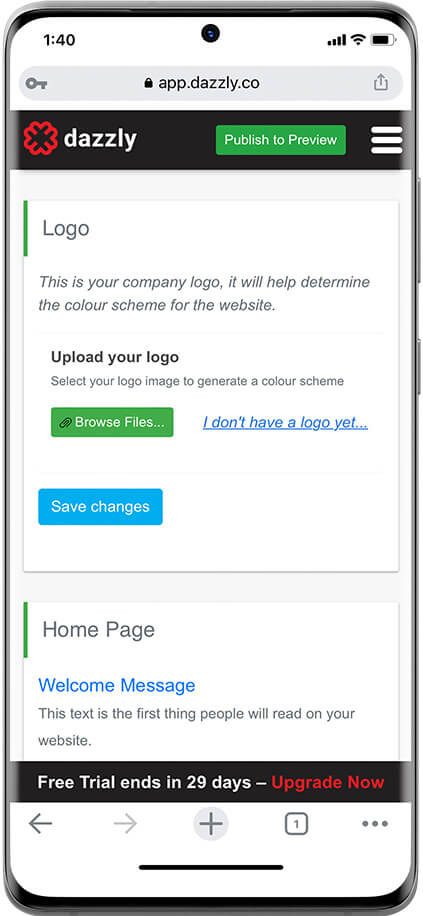 dazzly mobile interface showing adding a logo