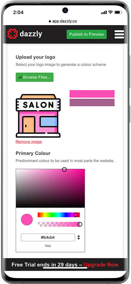 mobile phone screenshot showing a pink salon logo selected
