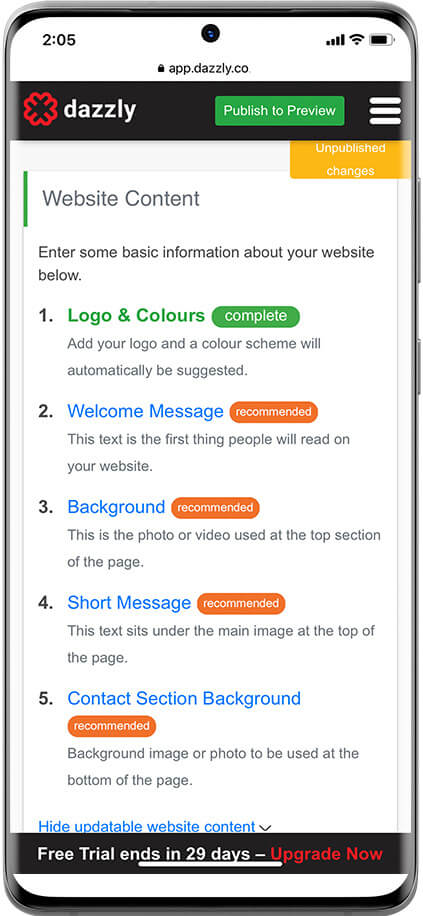 dazzly website content menu on mobile screen