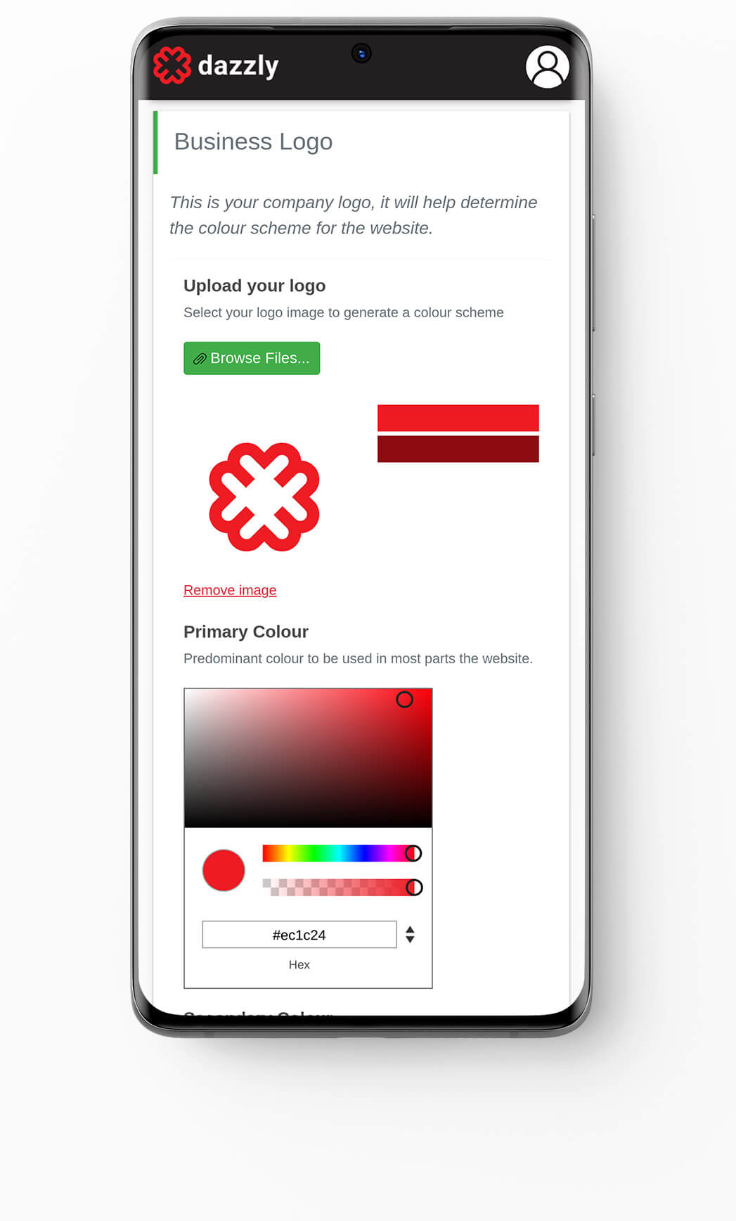 mobile device showing color scheme selection within Dazzly
