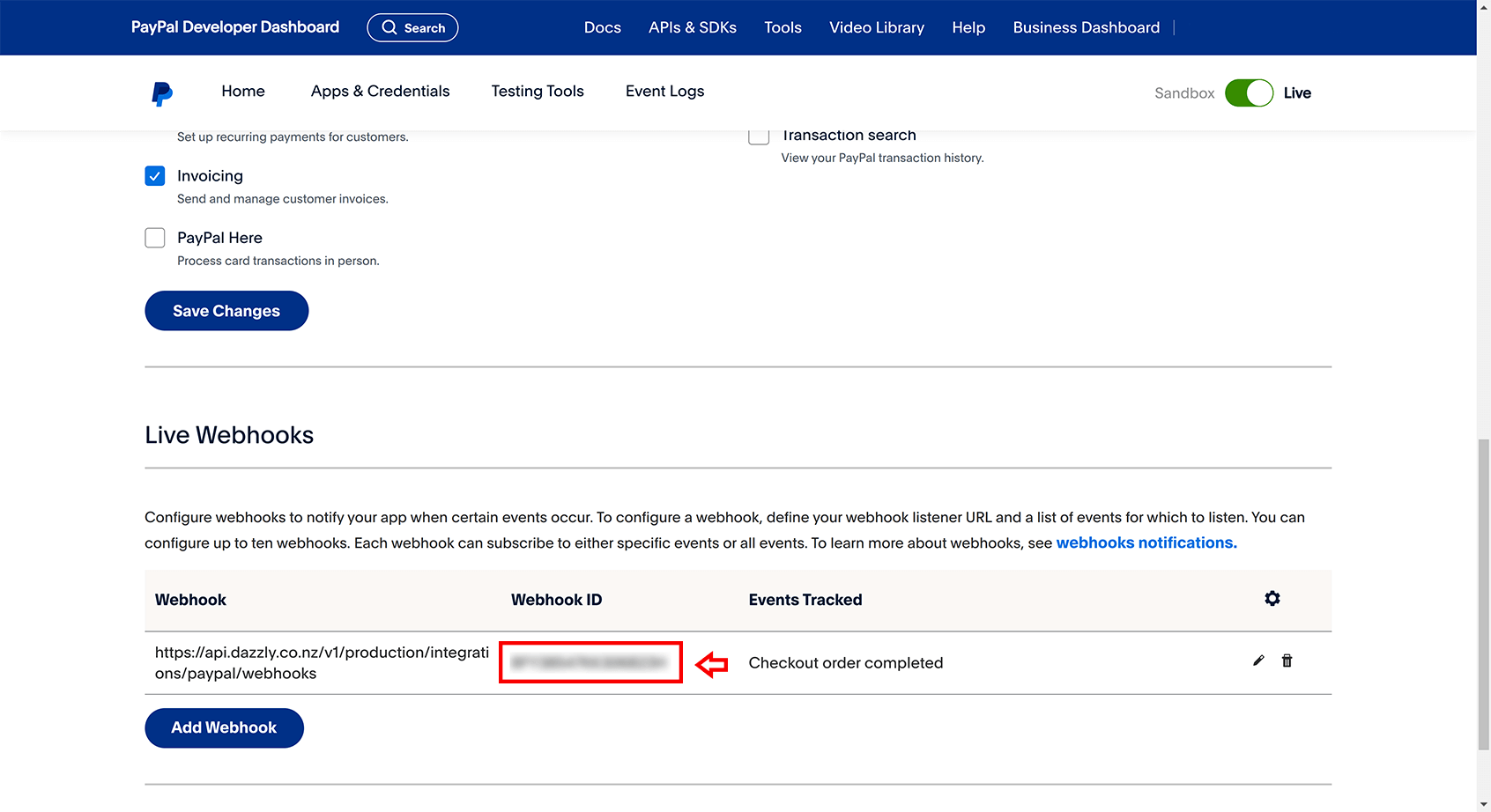 paypal webhook id