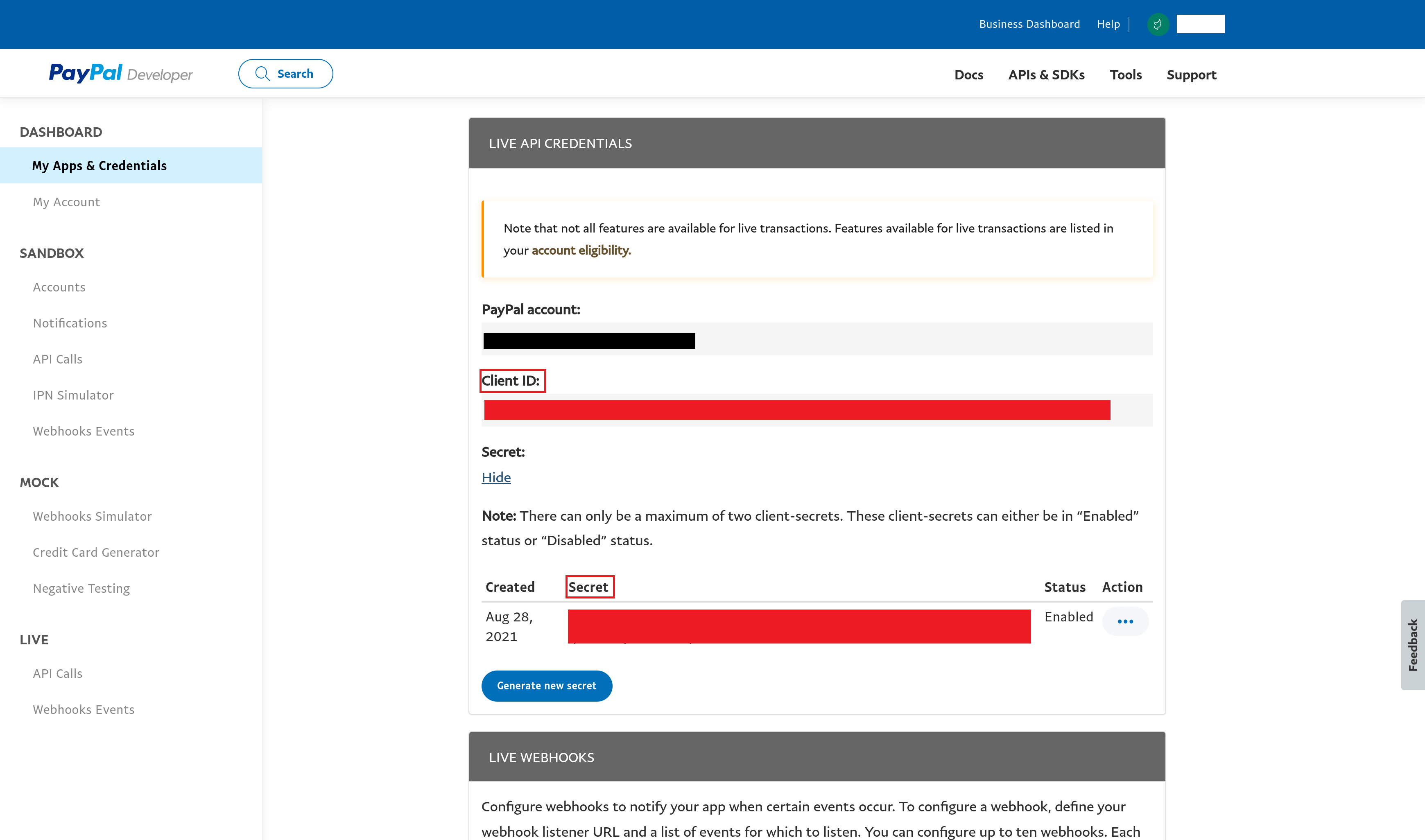 paypal live api secret