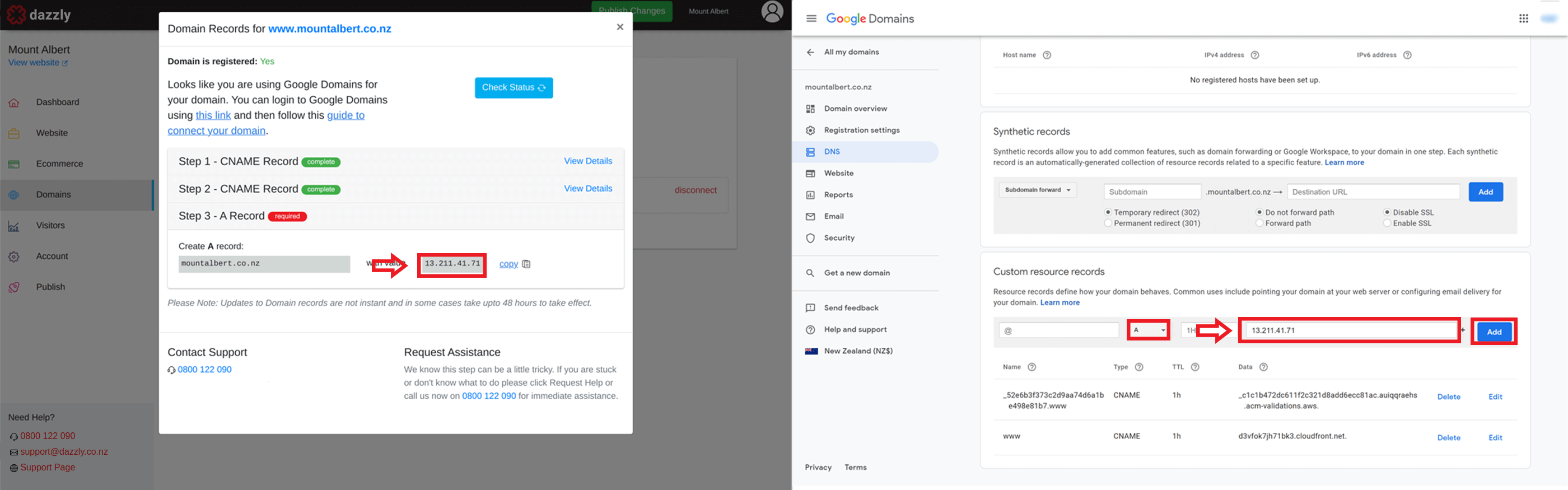 screenshot showing copying the IP address into google domains