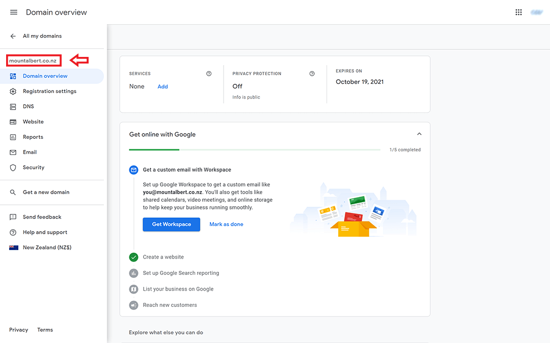 screenshot showing google domains menu